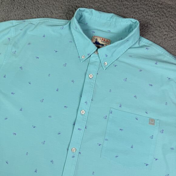 Huk Kona Shirt Mens 3XL Blue Fishing Performance Stretch Button Down Camp Print - Picture 1 of 10